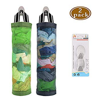 2 Pcs Plastic Bag Holder Dispenser Hanging Storage Mesh Garbage/Trash Bags Organizer Recycling Grocery Shopping Pocket Hanging Containers for Kitchen 2pcs 
